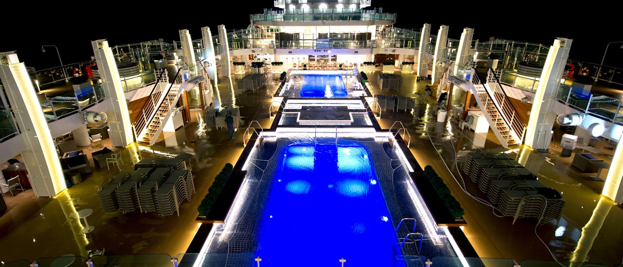 The pool deck under stars